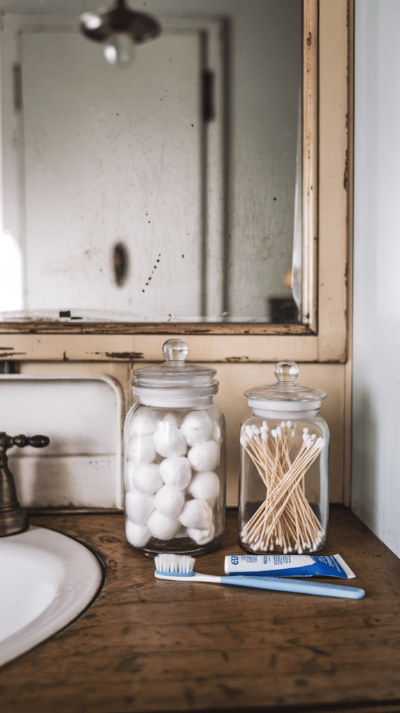 Two clear jars on a wooden surface, one filled with cotton balls and the other with cotton swabs, next to a toothbrush and toothpaste.