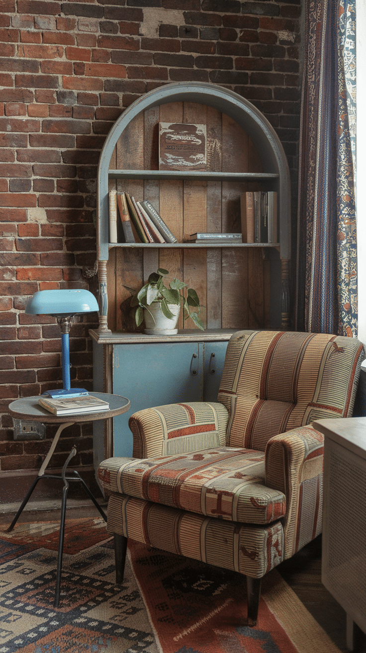 A cozy reading nook featuring a striped armchair, vintage lamp, and a bookshelf against a brick wall.