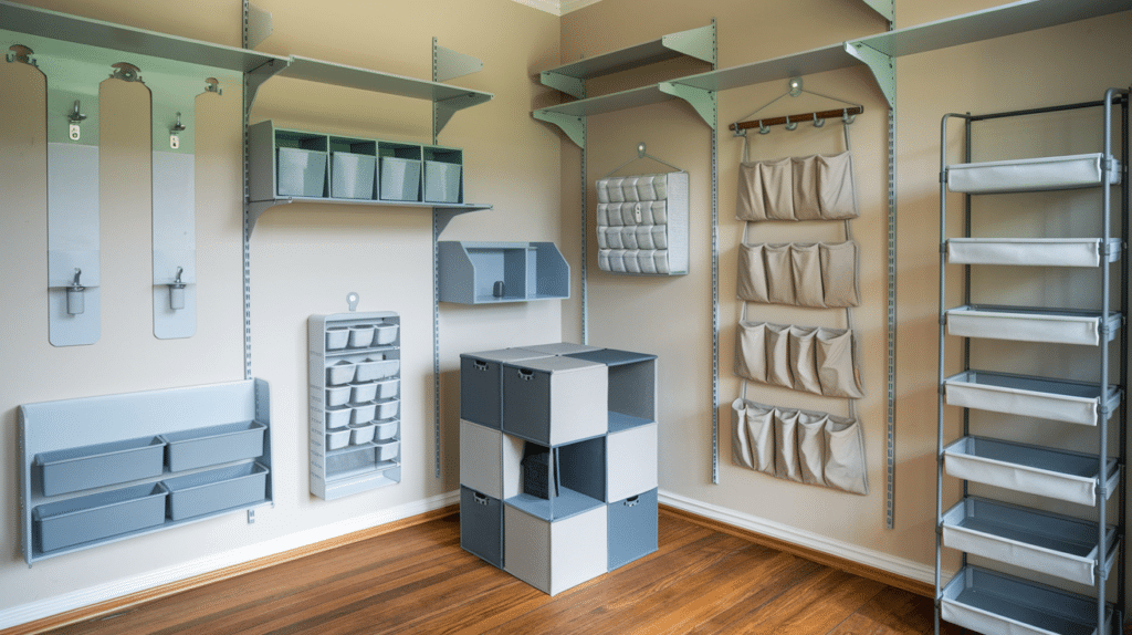 a room with shelves and storage boxes