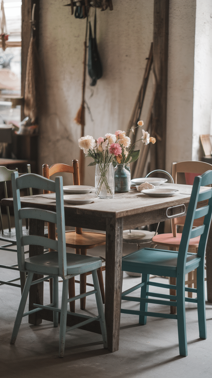 A rustic dining table with mismatched chairs and a vase of flowers.