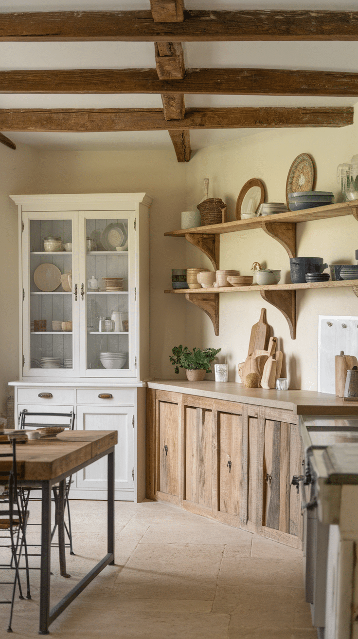 A cozy farmhouse kitchen with rustic wood beams and open shelving displaying dishware.