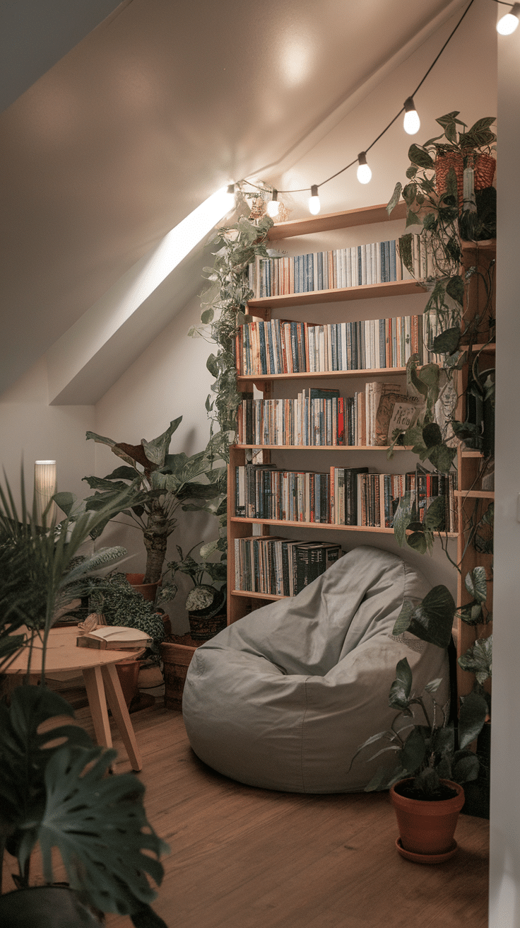 Cozy reading nook in a loft with bookshelves and plants