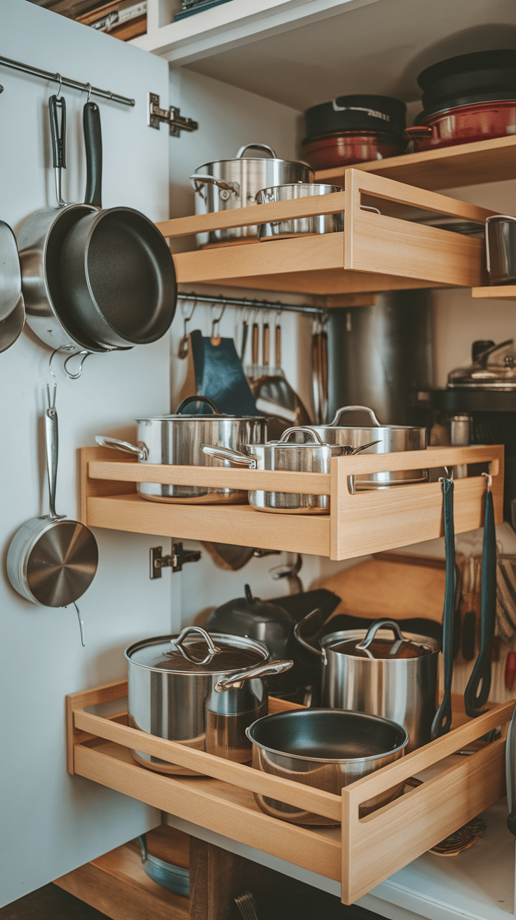 Sliding shelves in a kitchen cabinet holding pots and pans.