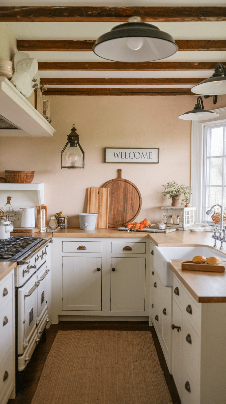 A cozy farmhouse kitchen featuring soft lighting and warm tones.