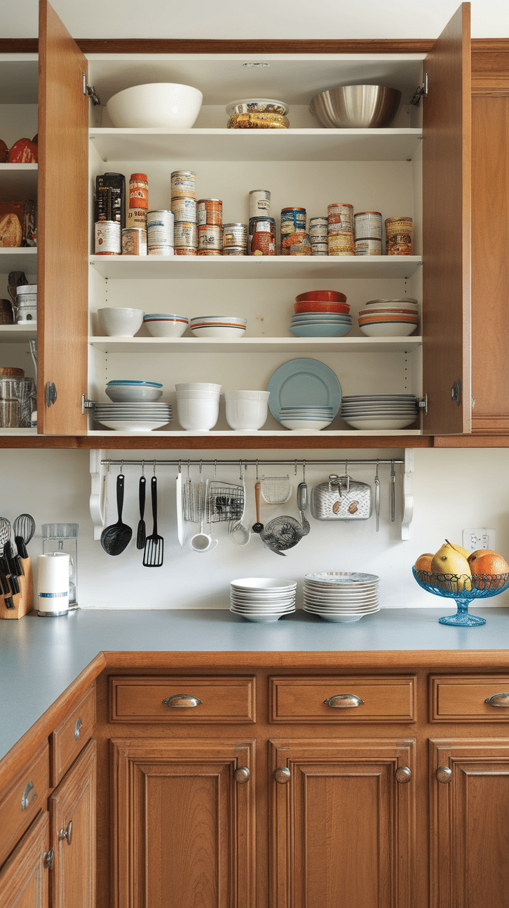 Organized kitchen shelves with various bowls and cans. ways to organize your home