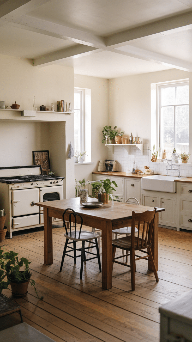 A spacious farmhouse kitchen with a wooden table, chairs, and large windows.