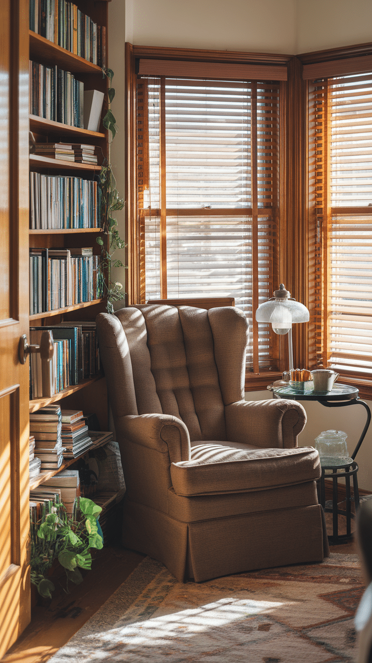 Cozy reading nook with a plush chair and sunlit windows