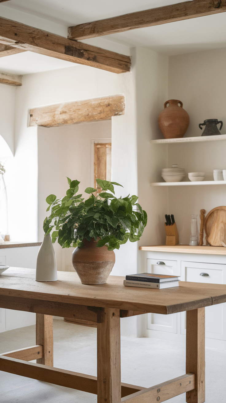 A cozy farmhouse kitchen featuring a wooden table, green plants, and natural materials.