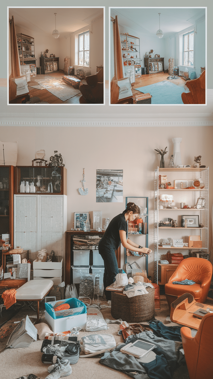 A before and after image of a room being organized, showing clutter on the floor and shelves being tidied up.