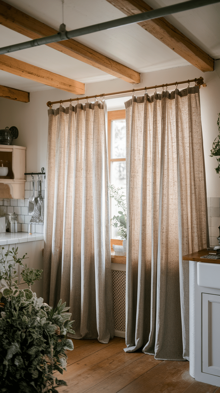 A cozy farmhouse kitchen with textured yellow floral curtains.