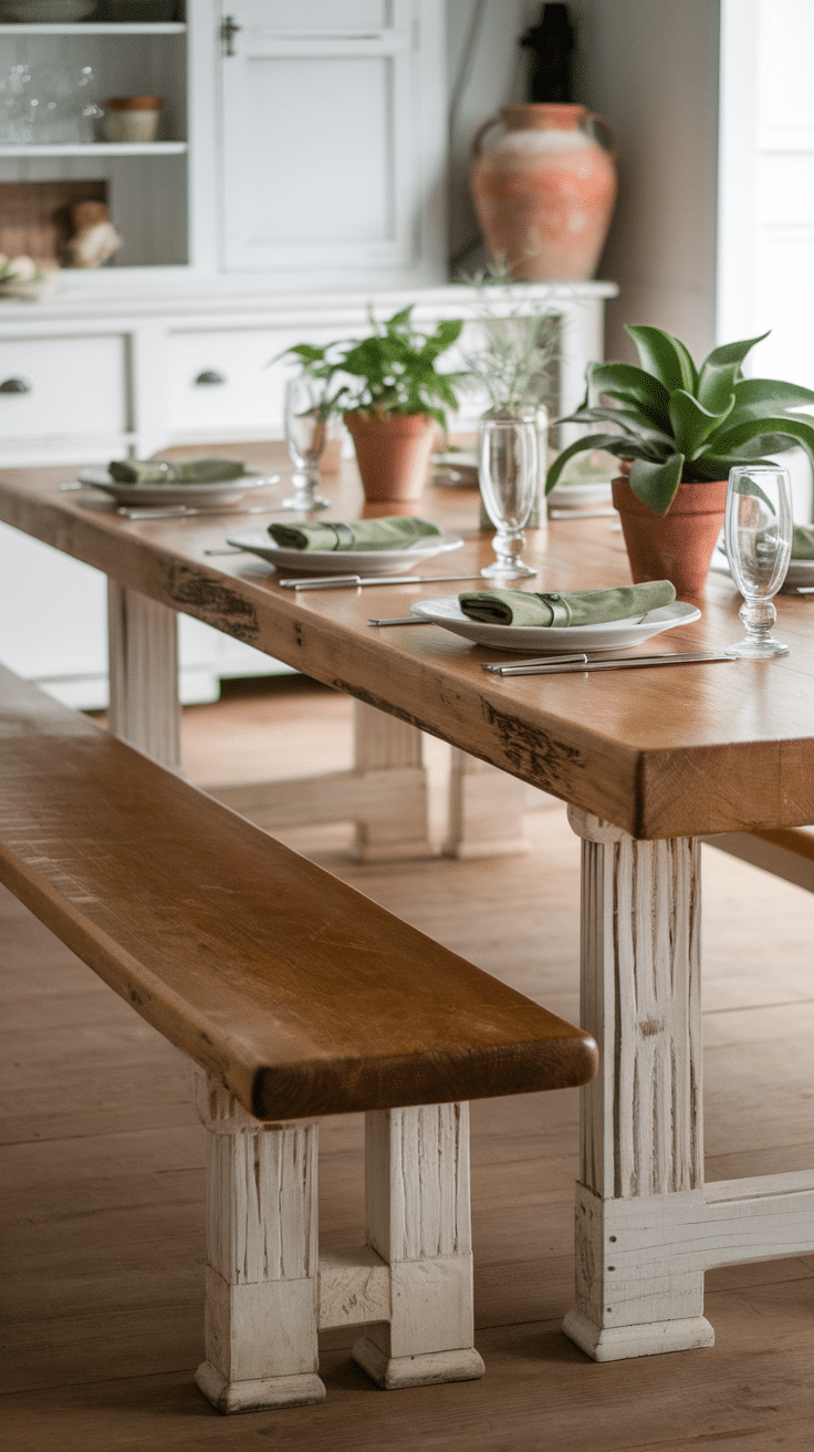 A wooden dining table with benches in a farmhouse kitchen setup.