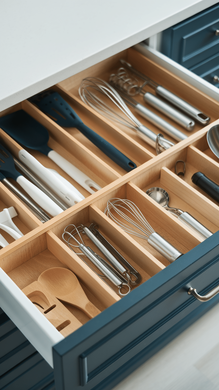 Organized kitchen drawer with dividers holding various kitchen utensils