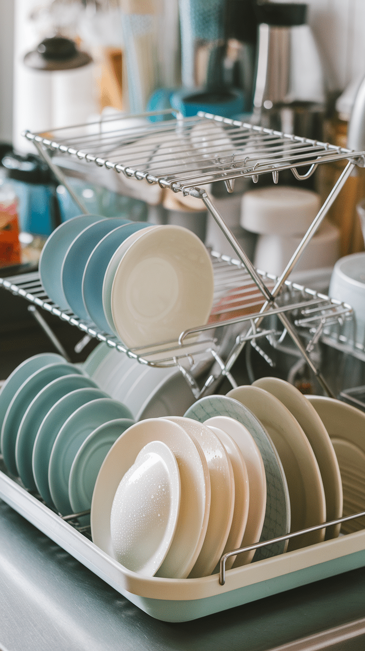 Collapsible dish drying rack with clean dishes in a modern kitchen.