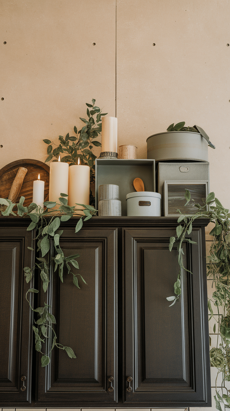 Decorative items and plants arranged above kitchen cabinets