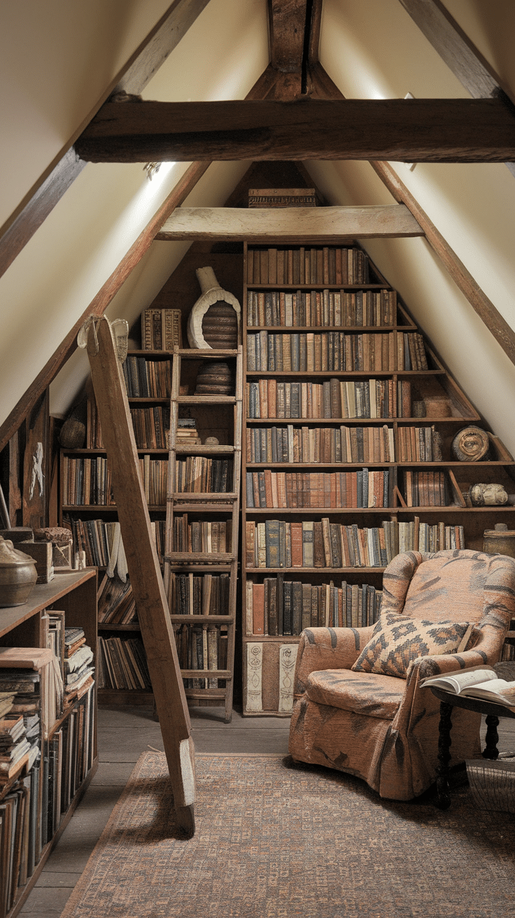 A cozy vintage attic library with wooden beams, a comfortable chair, and shelves filled with books.