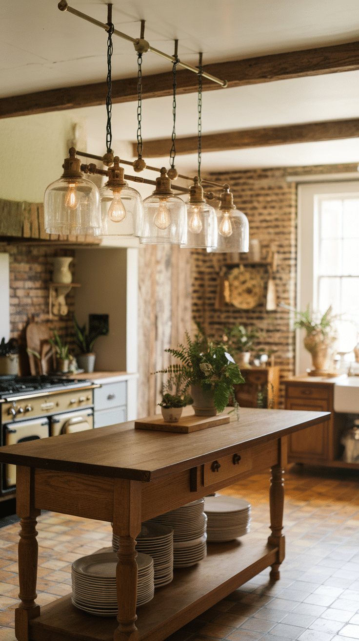 A vintage farmhouse kitchen with hanging glass bulb light fixtures above a wooden table, showcasing a warm and inviting atmosphere.