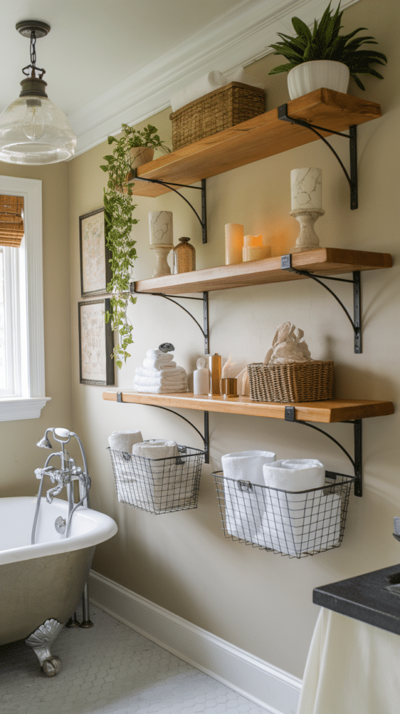 A beautifully arranged bathroom with wooden wall-mounted shelves, displaying towels, plants, and decorative items.