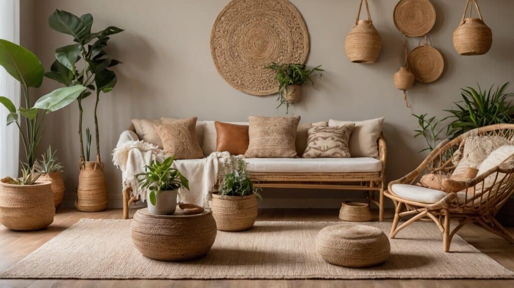 a living room with a couch and plants