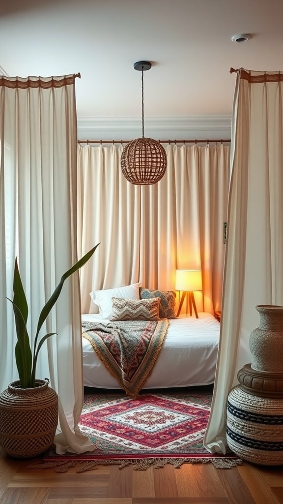 A cozy boho bedroom with soft curtains acting as room dividers, featuring warm lighting and natural decor elements.